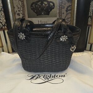 EUC- Brighton Vintage Black Woven Shoulder Bag with Floral Accents